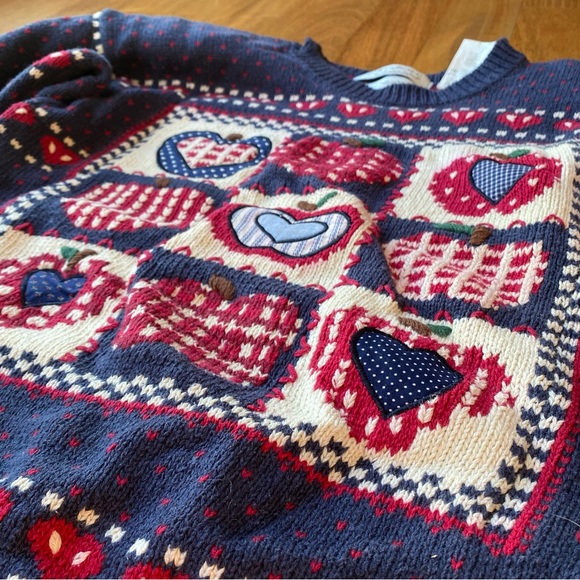 Adorable Vintage Crochet Hand Knit Embroidered Apple Heart Fair Isle Sweater - S - Picture 10 of 10